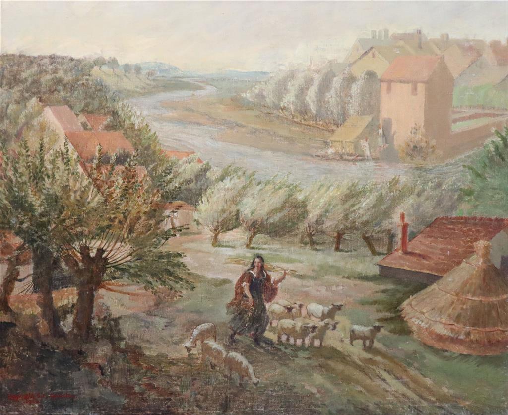 Reginald St Clair Marston (1886-1943) Shepherdess in a landscape 23 x 28.75in., unframed